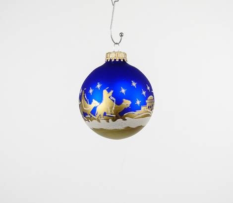 Koboltblå juletræskugler med Betlehems fortælling Ø 7 cm