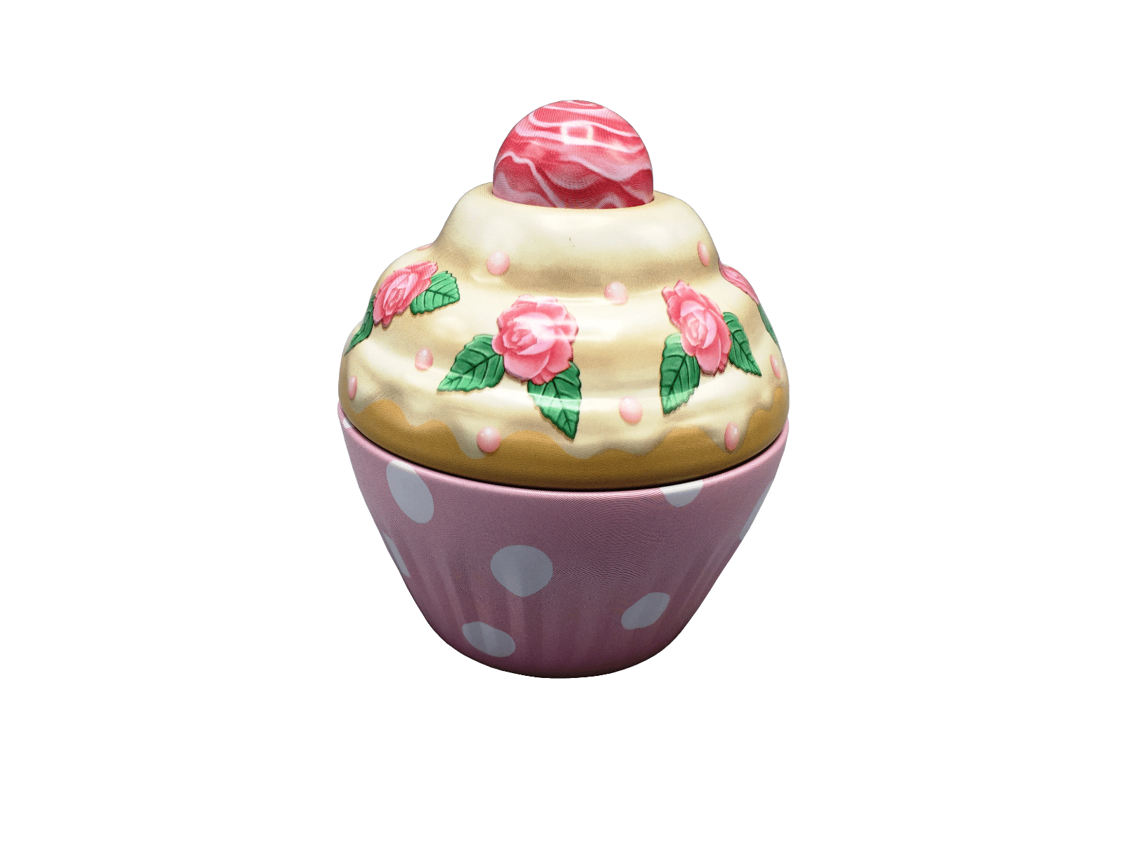 Kagedåse Cupcake rosa med hvide prikker og roser