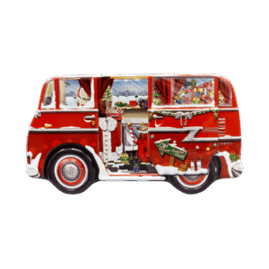 Kagedåse Julemandens autocamper med ski på taget a