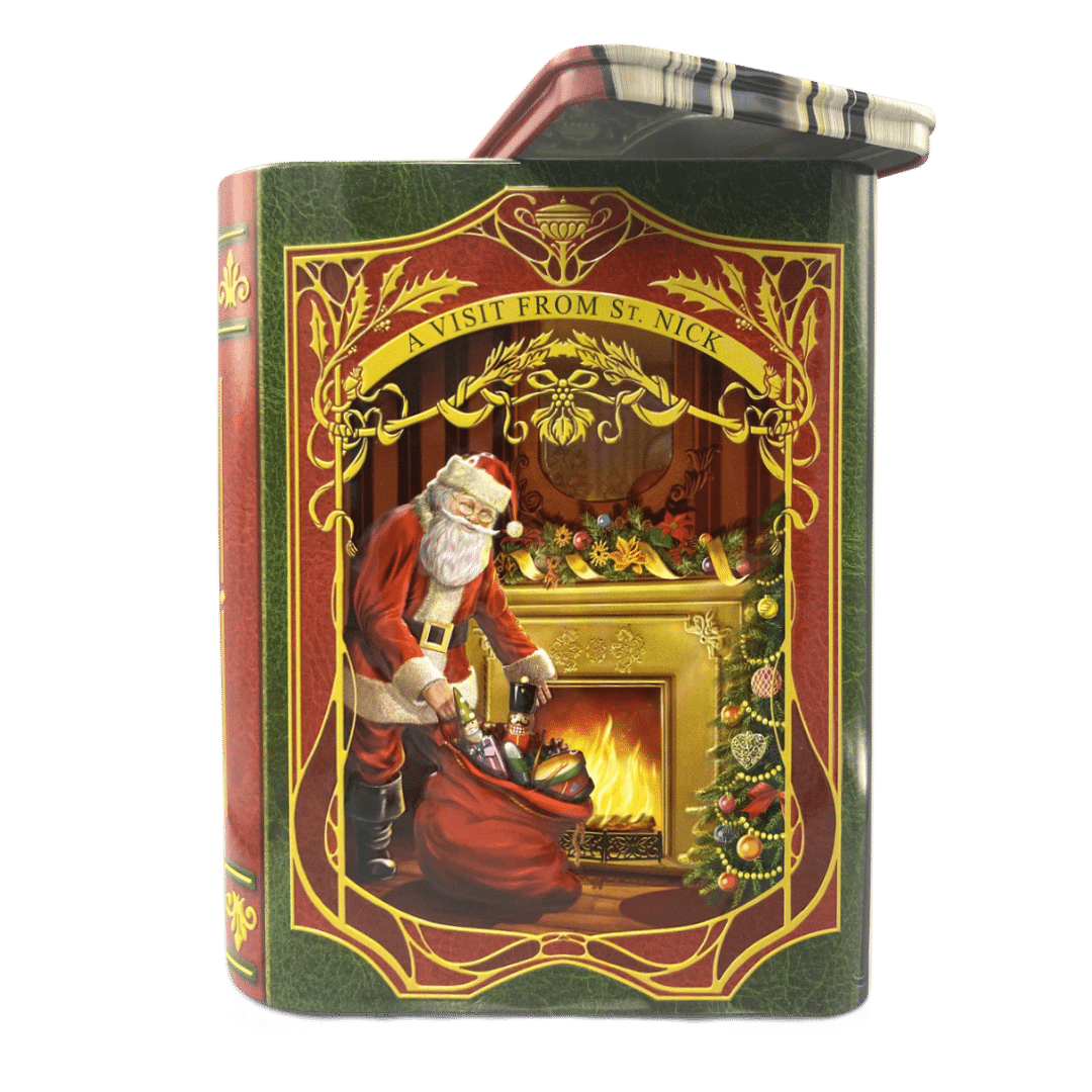 Kagedåse med Julemanden og gavesæk i rød e