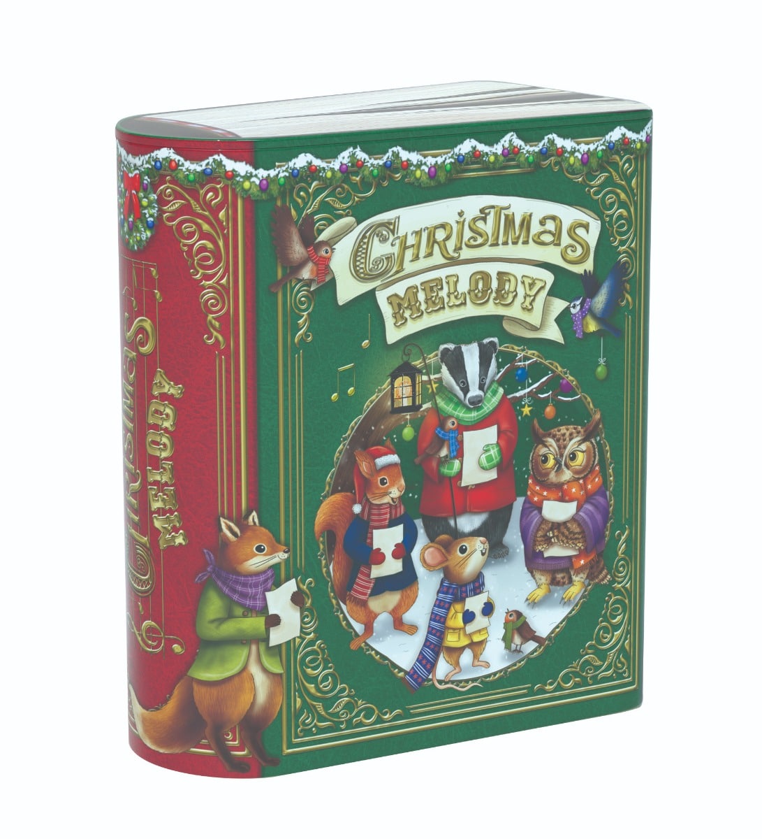 Kagedåse med skovens julekor i grøn