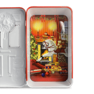 Kagedåse rød dør med snemand og julegaver a