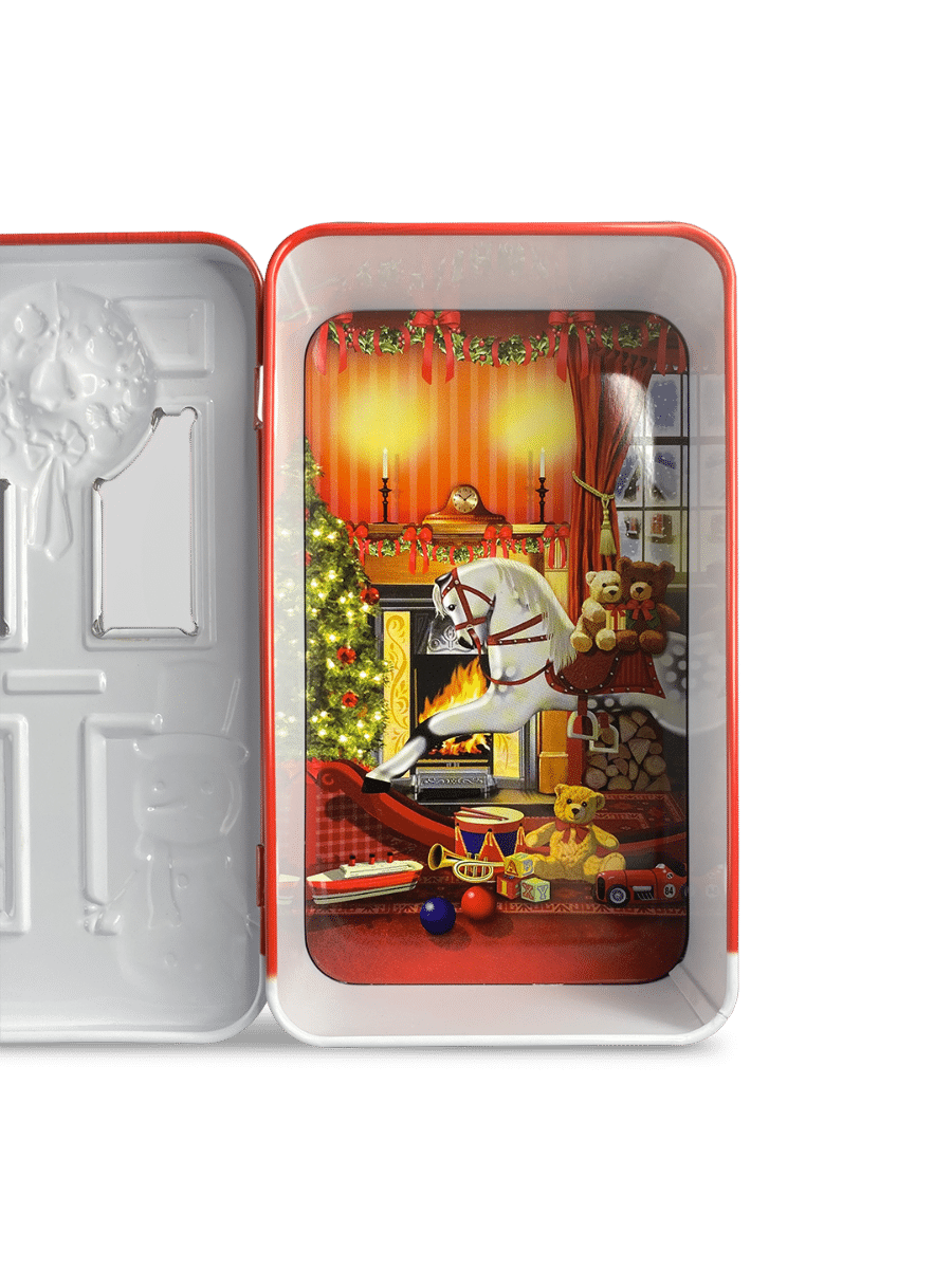 Kagedåse rød dør med snemand og julegaver a