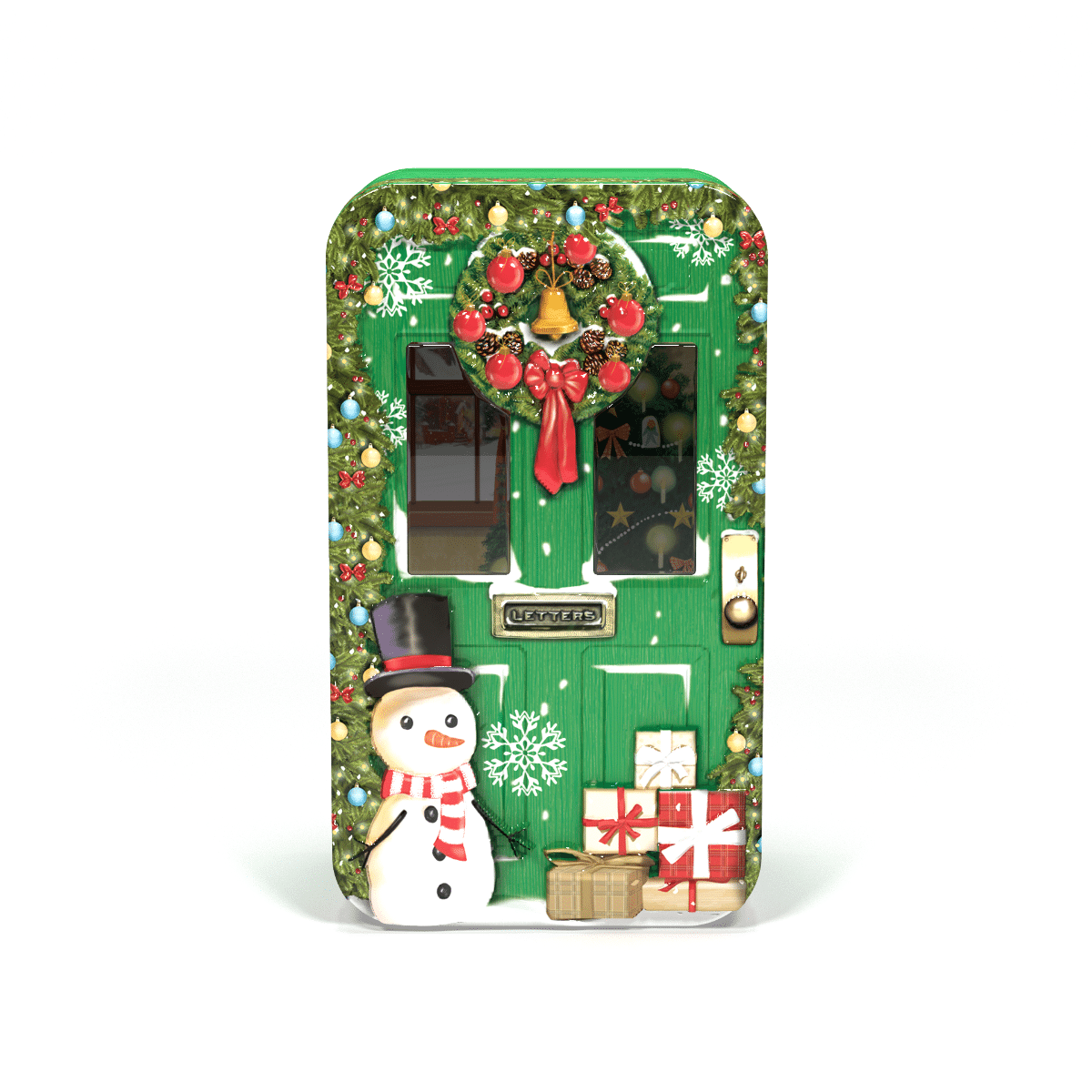 kaged_se_gr_n_d_r_med_snemand_og_julegaver.png Kagedåse grøn dør med snemand og julegaver