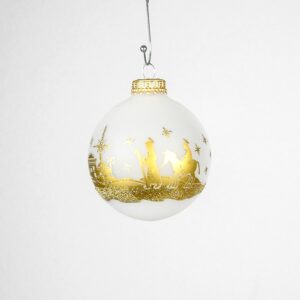 Hvid frostet juletræskugler med Betlehems fortælling