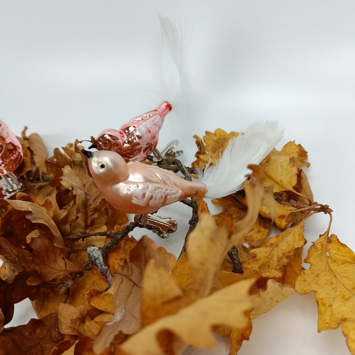 Glasfugle juletræskugler med klemme pudder rosa b