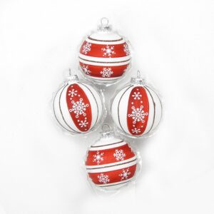 Røde og hvide juletræskugler med snefnug Ø 7 cm