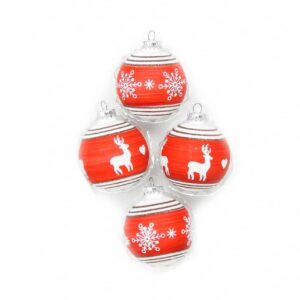 Røde og hvide juletræskugler med rensdyr Ø 7 cm