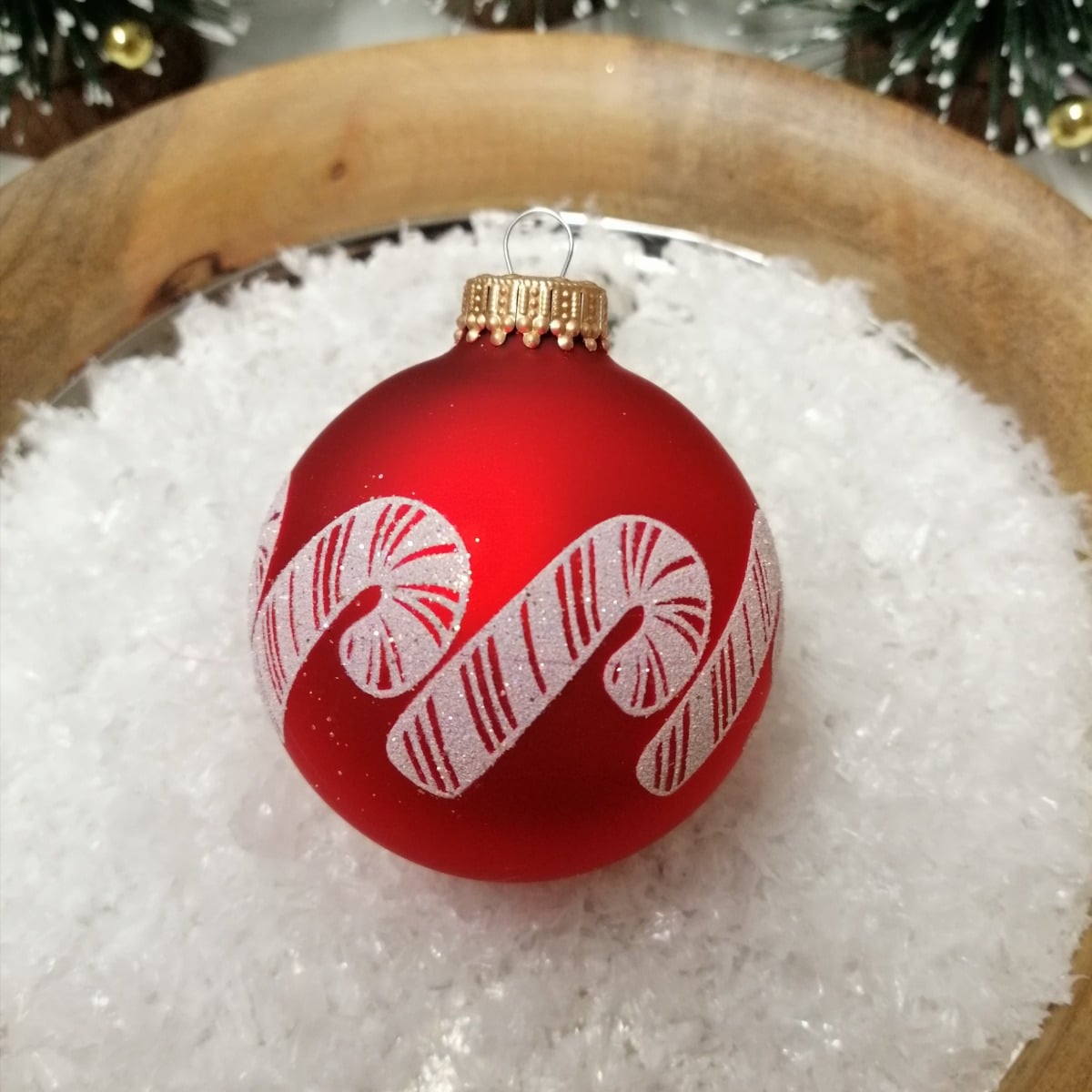 Røde silkematte juletræskugler med sukker stok Ø 7 cm b