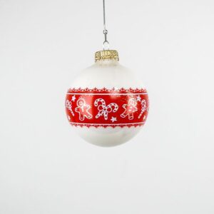 Hvide juletræskugler med honningkagemænd Ø 7 cm