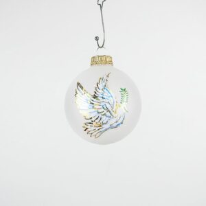 Hvide frostet juletræskugler med freds due Ø 7 cm