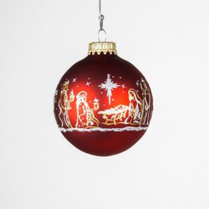Røde juletræskugler med Betlehems fortælling Ø 7 cm