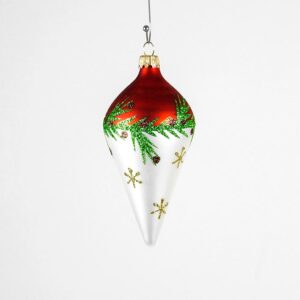 Hvid og rød spids juletræskugle med gran bælte