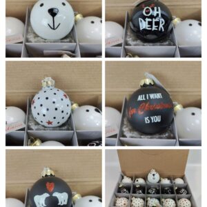 Juletræskugler hvid og sort med isbjørn, gevir, stjerner Ø 6 cm f