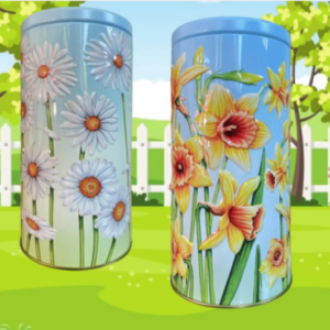 Kagedåser med forårsblomster